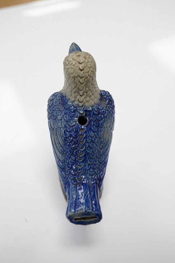 A German Rhenish stoneware songbird whistle, glazed in blue and grey, 9cm high. Condition - good